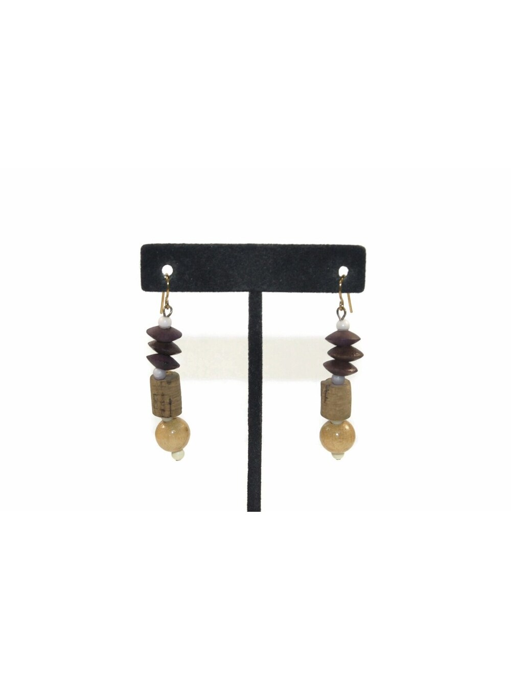 Boho Wood, Cork and Plastic Beads Dangle Earrings with Hook Backs.